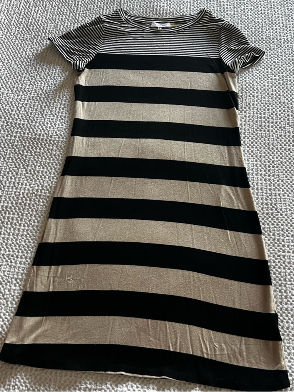 Calvin Klein Striped Black Cream Midi Stretch Lightweight Short Sleeve Dress-M